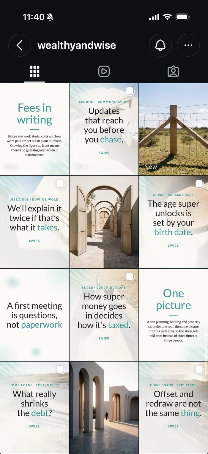 The Wealthy & Wise Instagram profile grid on a phone.